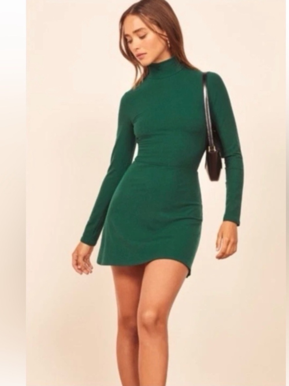 Reformation Emerald Maya Ribbed Dress Fall Holiday Turtleneck Mini Long Sleeve
